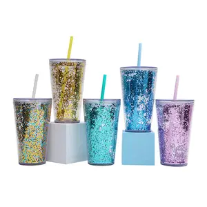 BORGE Wholesale Snowflake Double Wall Glitter Travel Plastic Water Tumbler Screw Lid With Straw