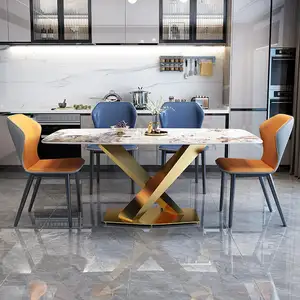 مجموعة طاولة طعام بتصميم من الاستانلس ستيل أرجل فاخرة من حجر الرخام طاولة عشاء للمطاعم 6 كراسي بالجملة