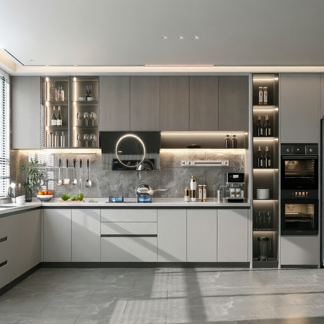 Factory Price High End Contemporary Wood Texture Built-in Appliances Large Storage Home Modular Kitchen Cabinetry Furniture