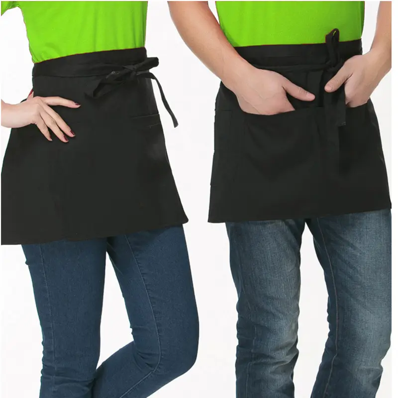 3 Pocket 2 Pocket Custom Black Cotton Polyester Short Waitress Half Server Kitchen Coffee Bar Waist Apron