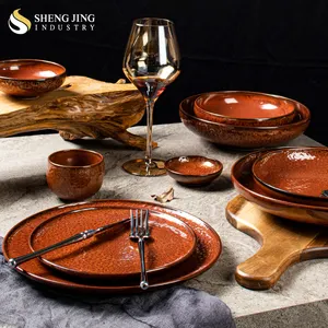 Dinnerware High Quality Rusty Red Ceramic Glazed Round Restaurant Dinnerware For Catering Porcelain Dinner Dishes Plates