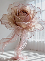 Rose géante en organza rose poudré avec longues franges en tulle, fleur artificielle faite à la main pour mariage et vitrine de boutique de vêtements