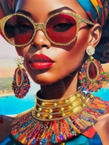 Vivace ritratto di moda africana su tela - Stampa tribale colorata con occhiali da sole dorati, decorazione da parete per soggiorno - Product Image 3