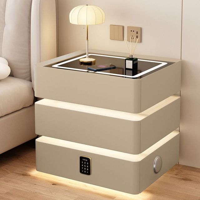 Modern Smart Nightstand with Wireless Charging Bluetooth Speaker LED Light Bedside Table Multifunctional Bedroom Cabinet