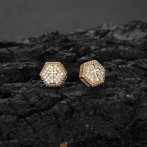 Wholesale Full Diamond Hip Hop <b>Stud</b> Earrings Trendy Brand's Hexagonal Cross Copper Zircon Customizable for Men Women - Product Image 4