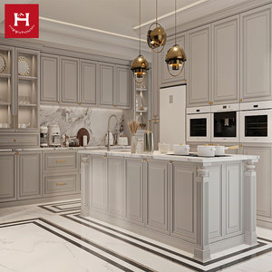 HAPPY HOUSES Mobili da Cucina in Legno Massello con Set Isola e Piano in Marmo, Cucina di Lusso <span class=keywords><strong>per</strong></span> Villa, Materiale Opzionale in PVC o MDF - Product Image 1