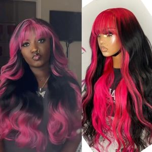 Peluca de Cabello Humano 100% Natural con Raíz Rosa y Reflejos, Negra, con Flequillo, Ondas Suaves, Densidad 180-200, Encaje Frontal 13x4 13x6 - Product Image 2