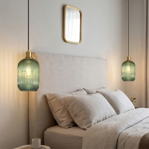 Luminaire suspendu moderne en verre côtelé vert, finition laiton, petit lustre LED pour table à manger, <span class=keywords><strong>salon</strong></span>, chambre, maison - Product Image 5