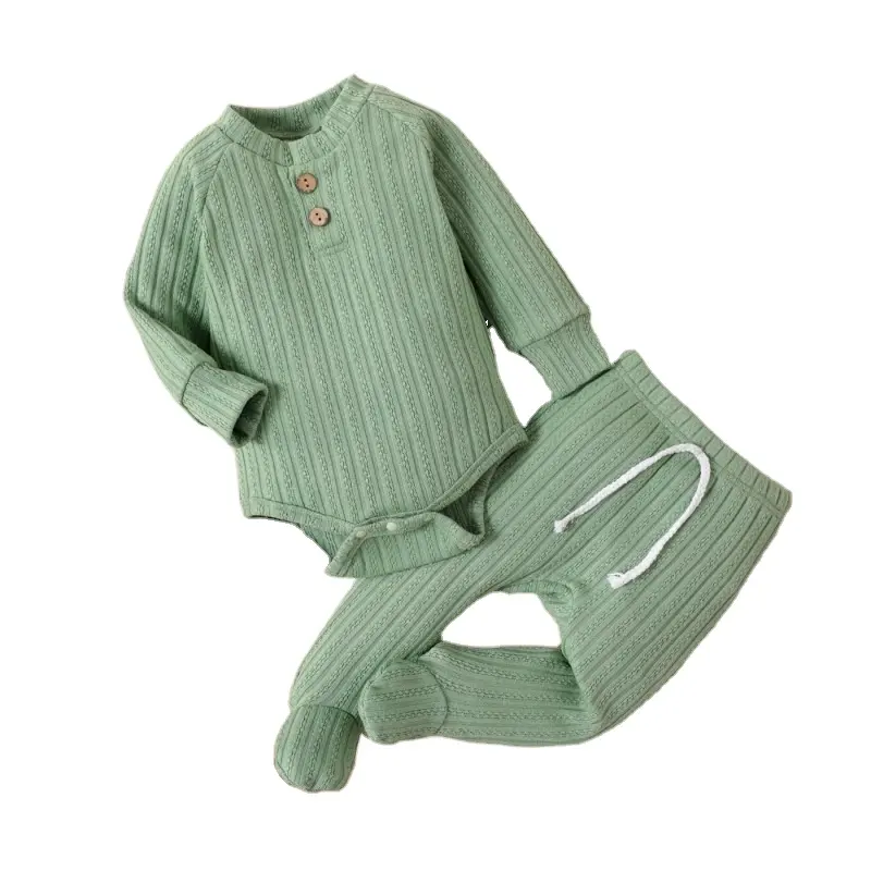 Spring and Autumn Children's Home Wear Pack Feet Set Be Boys and Girls Baby Solid Color Long Sleeve Romper