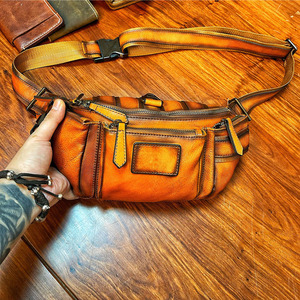 Saco de peito dos homens de couro genuíno High-end Retro escovado cor um ombro Crossbody versátil couro saco da cintura - Product Image 1