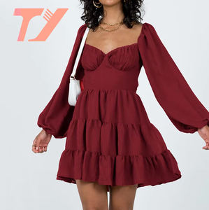 Mini abito TUOYI a maniche lunghe <span class=keywords><strong>maglia</strong></span> <span class=keywords><strong>bordeaux</strong></span> con rifiniture <span class=keywords><strong>in</strong></span> pizzo aperto sul retro con chiusura a doppia cravatta - Product Image 1