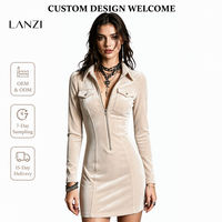 Fabricant de robes chemises en velours sur mesure pour femmes, robe moulante mini à manches longues, col rabattu, fermeture éclair sur le devant, poche à rabat