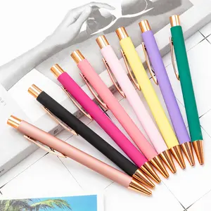 Click penna a sfera penne a sfera oro rosa all'ingrosso a buon mercato scuola regalo personalizzato incisione Laser Logo gomma morbida Multi-colore metallo