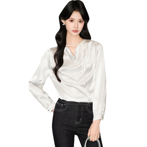 Women's Long Sleeve Dark Purple Satin Blouse With <b>Wrap</b> Tie Neck V Neck Design For Everyday Wear - Product Image 5