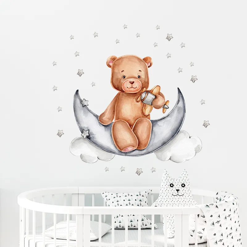Cute Teddy Bear with Toy Moon Stars Wall Decal for Baby Room Nursery Home Decoration Kids Wall Sticker