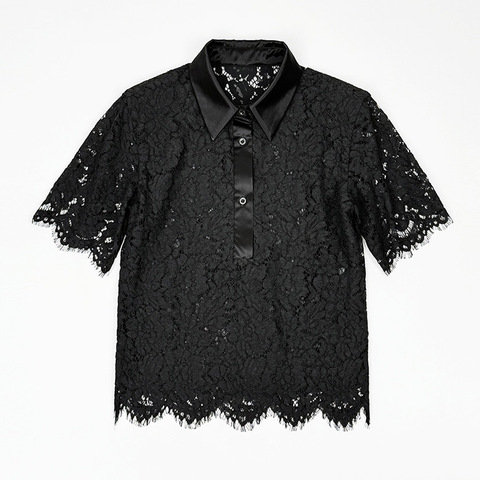 5803 Latest Products 2025 Trending Short Sleeve T-shirt Turn-down Collar Lace Triacetate T-shirts for Women