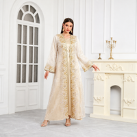 Ensemble de deux pièces kaftan brodé pour femmes, robe longue musulmane à manches longues, abaya dorée avec perles, pour l'Aïd, le Ramadan, l'hiver, en polyester, vente en gros
