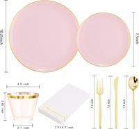 Ensemble de 210 assiettes en plastique jetables roses avec bord doré, 30 assiettes à dîner/dessert, 30 gobelets, 90 couverts
