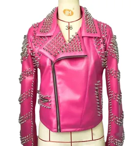 ladies Pink Fushia Punk Rocker Female Studded Rivets Moto Biker Faux Leather Crop Bomber Jacket For Women
