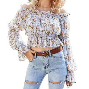 King Young Boho Off Shoulder Long Flounce Sleeve Ruffle Hem Shirred Floral Print Peplum Top womens tops woman blouse