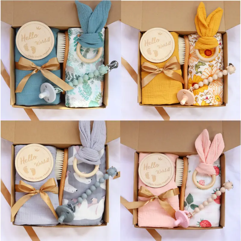 Newborn Gift Box Organic Baby Gift Set Baby Muslin Cotton Blanket Teething Baby Bib Rattle Milestone Wooden Toy Set