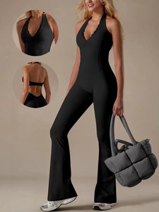 Combinaison de yoga pour femme OEM personnalisée, dos nu, à col licou, avec pantalon évasé, très élastique, effet seconde peau, pour le fitness et la gym - Product Image 6