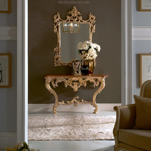 طاولة كونسول باروكية عتيقة، طاولة كونسول إيطالية كلاسيكية من الخشب الصلب مثبتة على الحائط مع مرآة - Product Image 5