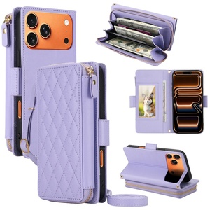 Funda de piel sintética al por mayor para iPhone 17 12 13 14 15 16 Pro Max con cuerda para colgar, tarjetero y soporte protector - Product Image 1