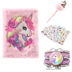 Ensemble de carnet de notes licorne en peluche pour filles, carnet de notes avec broderie, Journal intime avec serrure, joli bracelet autocollant