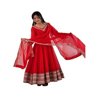 Traje Anarkali Rojo Bordado Hasta el Suelo con Dupatta, Vestido de Boda Tradicional Indio Pakistaní para Mujer, Corte Holgado, Poliéster - Product Image 1