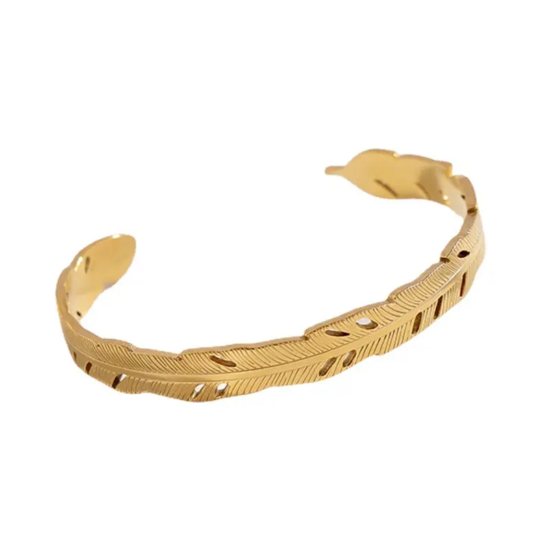 Europe Vintage Fashion 18K Gold Plated Stainless steel Feather Shaped Cuff Bangle Bracelet for Women Men Jewelry
