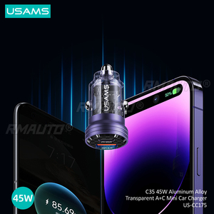 Chargeur de voiture USAMS C35 45W, charge rapide pour iPhone 14 Pro Max Xiaomi Huawei Samsng, chargeur de voiture mini transparent en alliage d'aluminium - Product Image 6