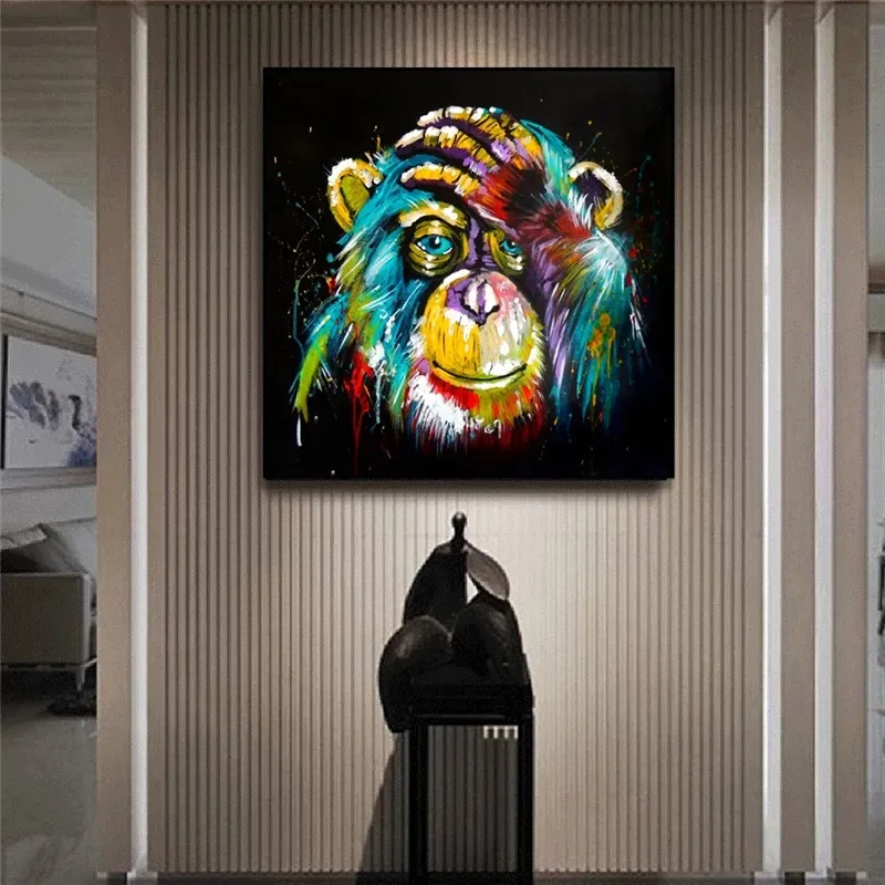 Lukisan Kanvas Seni Grafiti Monyet Berpikir Cat Air Di Dinding Poster dan Cetakan Lukisan Kanvas Seni Dinding Hewan Modern
