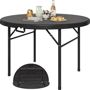 48 Inch Round Folding Table Heavy Duty Folding Plastic Table Outdoor Picnic Table With Thick Table Top And Sturdy Metal Frame