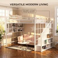 Lit mezzanine moderne en métal avec escalier et armoires de rangement, lit mezzanine double gain de place avec étagère pour enfants et adultes, idéal pour studio