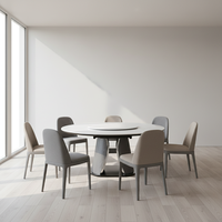 Table à manger extensible et pliable Cooc, style moderne et luxueux, plateau en pierre microcristalline, mécanisme de rotation sur rail, base sculpturale sur piédestal