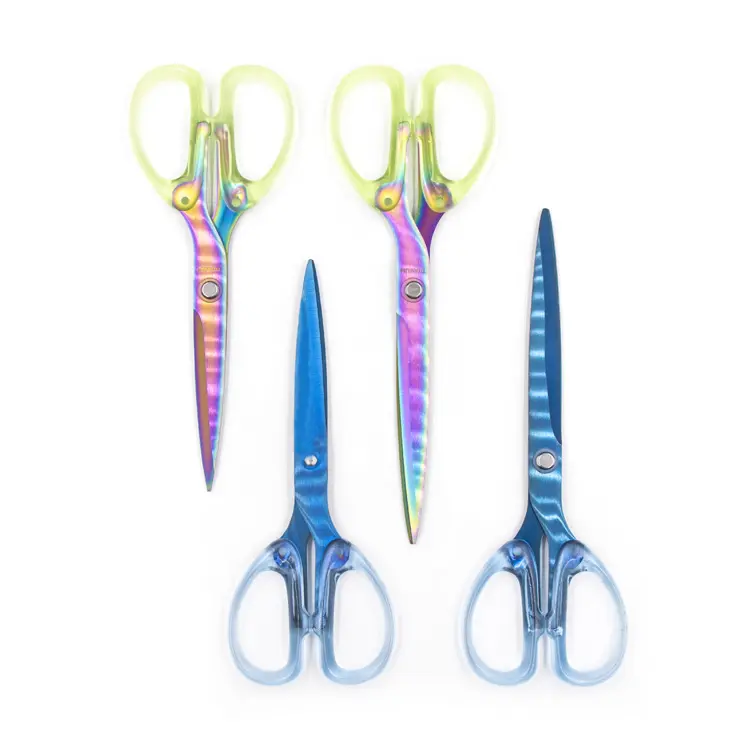 7" stationery office scissors with Blue  yellow  rainbow and golden titanium coated transparent handle