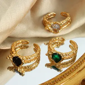 Anello a forma di cuore geometrico Vintage con struttura a pieghe bianco verde pietra zircone acciaio inossidabile aperto anello di pietre preziose per le donne