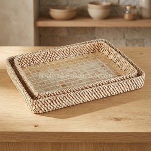 Free sample of rectangular mother-of-pearl inlaid rattan serving tray. Set of <b>2</b> <b>table</b> arrangement trays, Made in Vietnam - Product Image 3
