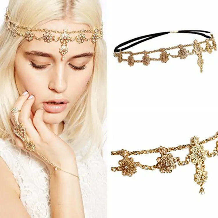 Fashion Dainty Gold Rhinestone Crystal Pearl Tassel Bridal Head Chain Wedding Hair Accessories Headpiece For Women