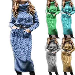 2023 High Fashion Women's Knitted Sweater Dress Loose Silhouette with High Collar Pocket Ladies Long Sleeve Winter OEM Service