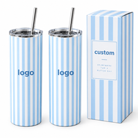 Gobelet isotherme personnalisé 20oz droit à sublimation, en acier inoxydable à double paroi, rayures bleues, avec couvercle et paille, idéal pour les fêtes