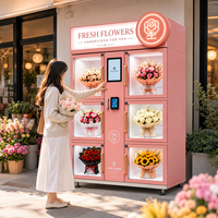 Máquina expendedora comercial de flores frescas con taquillas refrigeradas, pantalla táctil y múltiples opciones de pago, servicio automático las 24 horas