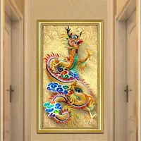Gambar Lukisan Seni Dinding Patung Warna-warni Naga Cina Dibungkus Di Sekitar Pilar Poster Indah Cetak Di Kanvas