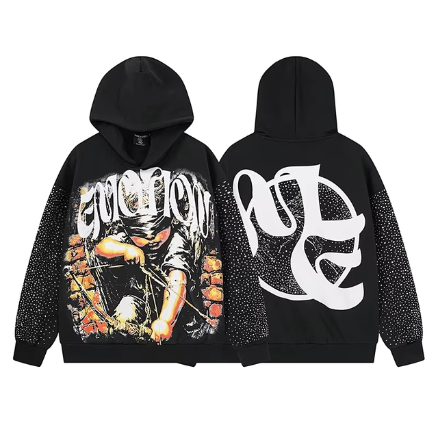 MIXED EMOTION High Street Personalized Unisex Heavyweight Printed Rhinestone Design Casual Hoodie