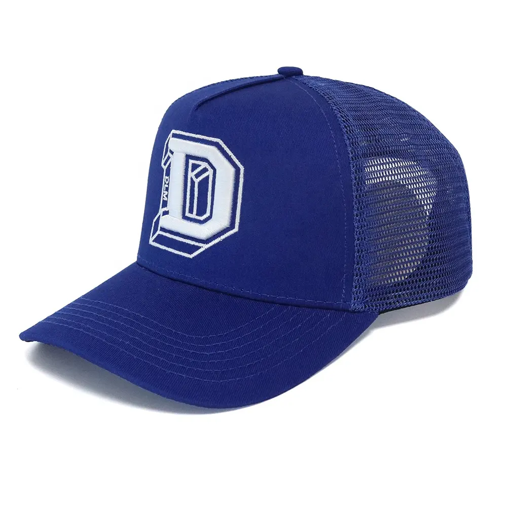 Custom High Quality 5 Panel Men Structured Embroidery Logo Blue Mesh Cotton Trucker Caps Hat
