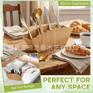 Boîte de rangement en bois à bords ondulés, porte-stylos en forme d'éventail pour bureau, boîte de rangement de bureau pour objets classifiés, boîte de rangement pour couverts - Product Image 2