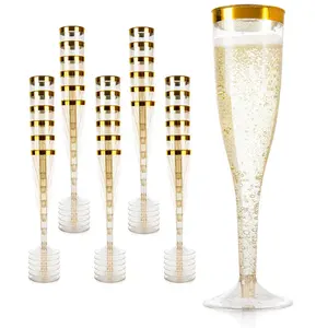 360 Pack Plastic Disposable Champagne Flutes For Toasting Wedding Birthday Parties 6.5 Ounces Gold Glitter With Gold Rim