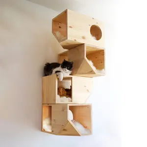 2022最新の持続可能な木製モジュラー壁掛けペットハウスユニークなかわいい猫と犬の登山家具