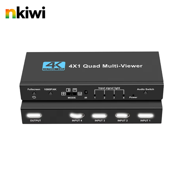 4K 4x1 HDMI-Compatible Aluminum Alloy Quad Multi-Viewer Video Splitter Seamless for Switcher IR Remote Control TV Monitor Game